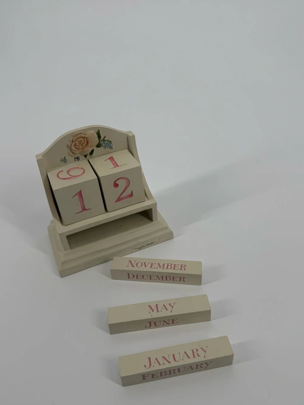 Vintage Marjolein Bastin Wooden Perpetual Desk Calendar Cream Pink Floral Rose